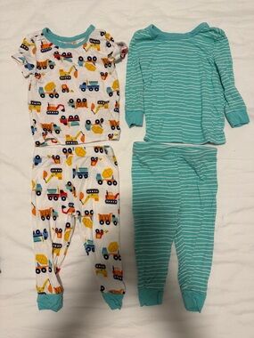 Little Me Toddler Pajama Set - Teal Stripes & White Construction Print 12 months